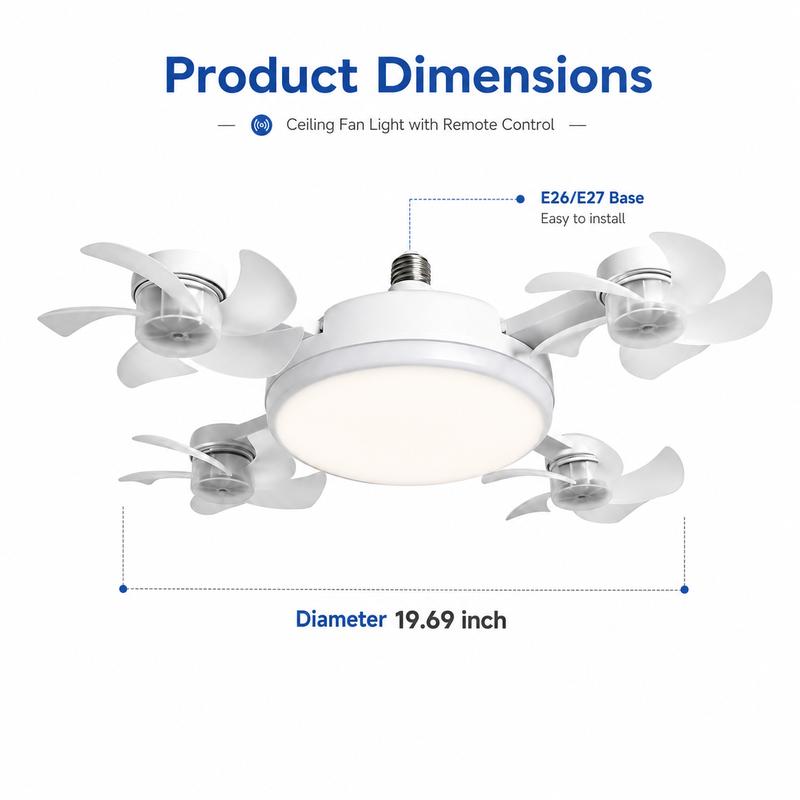 TrueBreeze — Screw-In Ceiling Fan with LED Light, No Wiring Required, Remote Control, 3 Speeds, 3 Color Temps
