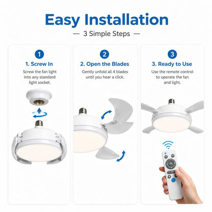 TrueBreeze — Screw-In Ceiling Fan with LED Light, No Wiring Required, Remote Control, 3 Speeds, 3 Color Temps