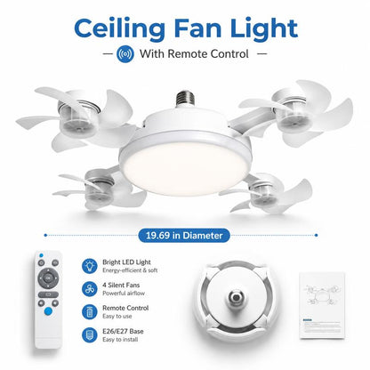 TrueBreeze — Screw-In Ceiling Fan with LED Light, No Wiring Required, Remote Control, 3 Speeds, 3 Color Temps